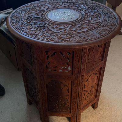 An Asian Hand-Carved Bone-Inlaid Hexagonal Taboret Table