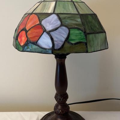 A Small Stained Glass Metal Table Lamp