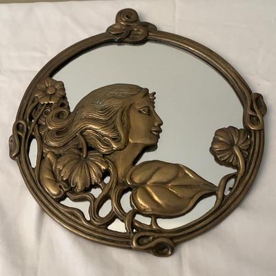 A Small Vintage Art Nouveau Maiden Brass Wall Mirror