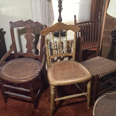 Various Antique Chairs, Lamp And Round Table
