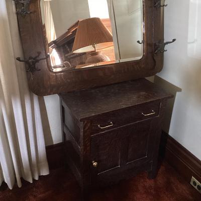 Quarterswan Oak Wash Basin Cabinet & Beveled Mirror Framed In Oak With Hooks