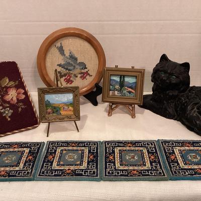 Metal Cat, Needlepoint And Paintings
