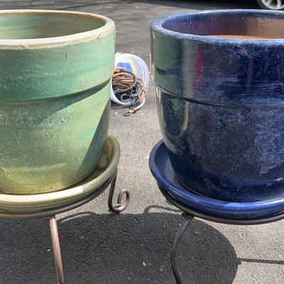 Pair of Blue & Green Glazed Ceramic Planters on Metal Stands