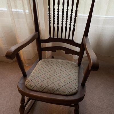 Vintage Wood Rocking Chair With Needlepoint Style Upholstered Seat
