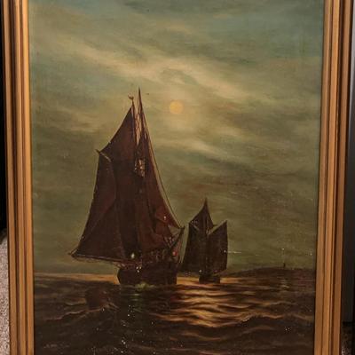 Antique Wood-Framed Signed F Bradley Ships Original Oil Painting