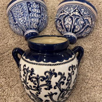 Three Blue & White Hanging Ceramic Planters