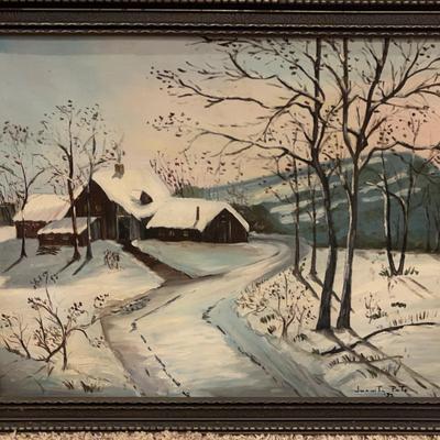 Vintage Wood-Framed Signed Juanita Pate Winter Cabin Original Oil Painting