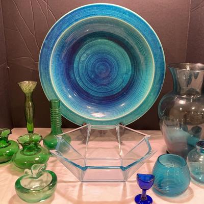 Assortment of Blue & Green Glassware & More