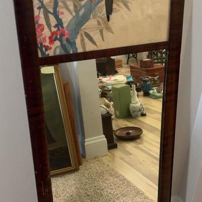 Antique Wood-Framed Chinese Embroidered Silk Bird-Themed Wall Mirror
