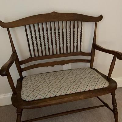 Vintage Wood Bench With Needlepoint Style Upholstered Seat