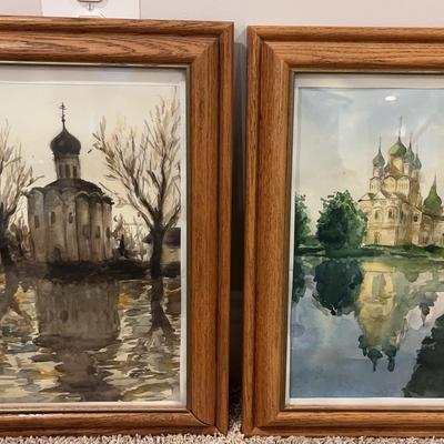 Pair of Wood-Framed Architectural Original Watercolors