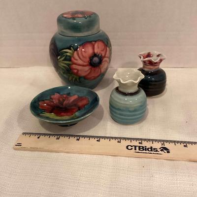 William Moorcraft Ginger Jar, Trinket Dish And Two Coordinating Bud Vases