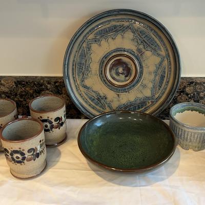 Assortment of Blue & Green Artisan Pottery