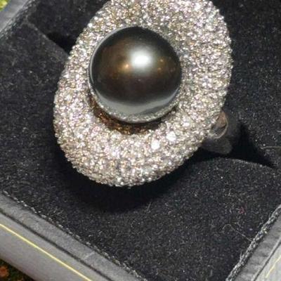 18k gold diamond & tahitian pearl ring