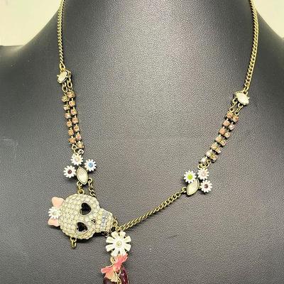 "Betsey Johnson" Pink Bow Skull Necklace