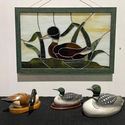 Mallard Duck Stained Glass, Wild Life w/ Wood Hand Carved Goose Signed, & Loons