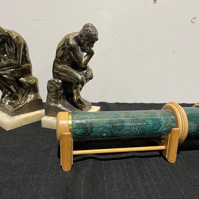 Vintage Brass “The Thinker” Bookends & Large Kaleidoscope 