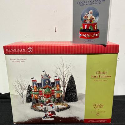 Department 56 Glacier Park Pavilion North Pole Series & Hallmark Coca-Cola Santa Musical Snow Globe