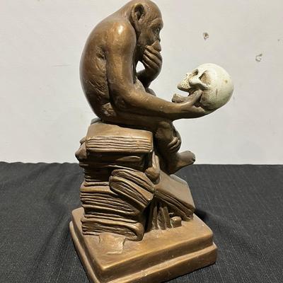 Vntg Monkey w/ Skull Sculpture by Hugo Rheinhold; Aka "Philosophizing Monkey" or "Darwin's Monkey
