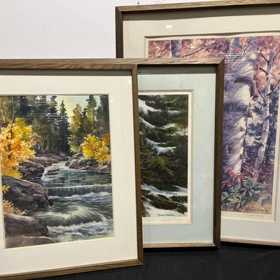 Watercolor Stream in an Autumnal Forest, December Spruce & Autumn Birch , Signed Russel Norburg