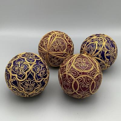 Four Enamel With Brass Inlay Decorative Spheres 