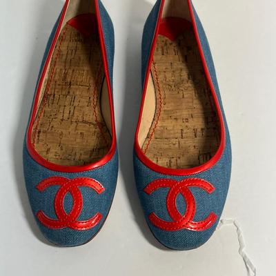 Chanel Blue Denim/ Red Patent Leather Cc Ballet Flats