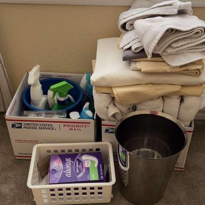 Towels, Linens, Trash Can, Bath Item Assortment