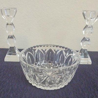 Lenox Crystal Candle Holders And Vintage 7" Glass Bowl