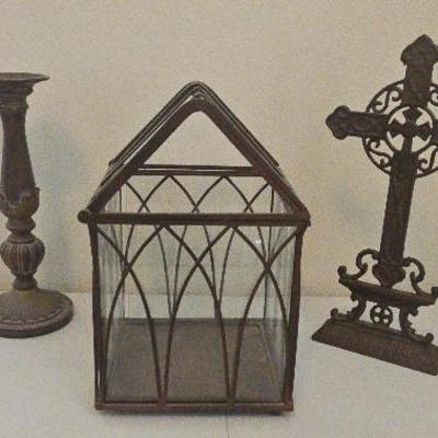 Brown Metal Decor House  Cross And Candlestick