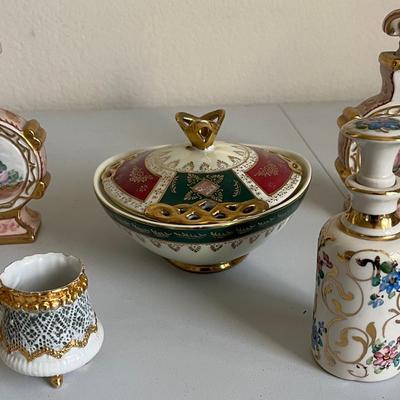 Arnart Japan Covered Ceramic Bowl, (3 Vintage Perfume Bottles & More