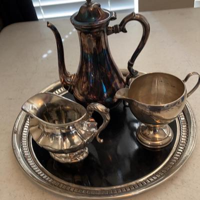 Silver Plated Coffee Server, Tray And Two Creamers
