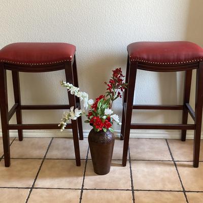 Red Top Wooden Bar Stools Set of 2 with Vintage Metal Etched Vase