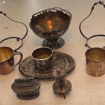 Silver Plated  Items Including Table Lighter, Salt Or Pepper Shaker, Bowl, Cups & More