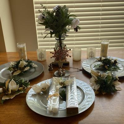 Merry Christmas Candle Assortment with Set of 5 Silver Color Chargers and More