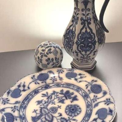 Vintage Blue And White Porcelain Pitcher, Johnson Bros. Flow Blue Plate And Ball 
