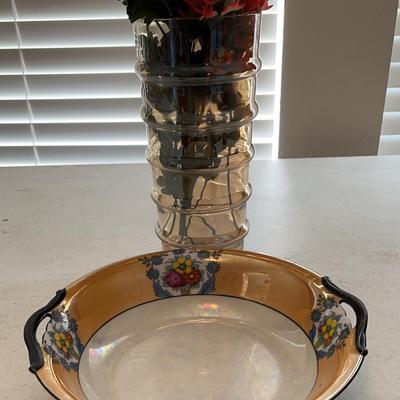 Vintage Noritake Orange Lusterware Bowl With Handles, Vase With Flowers