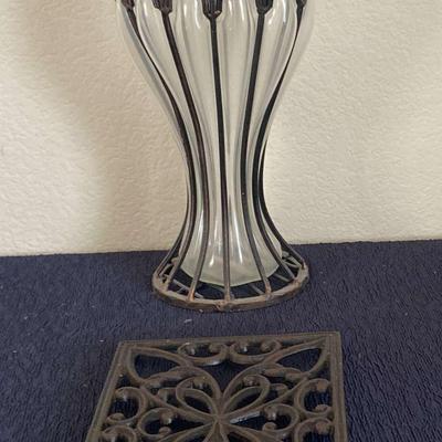 Vintage Caged Wrought Iron Bubble Glass Vase and Decorative Cast Iron Trivet