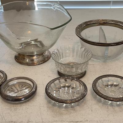 Glass Bowl With Silver Plated Feet, Divided Bowl, Small Bowl, 7 Coasters