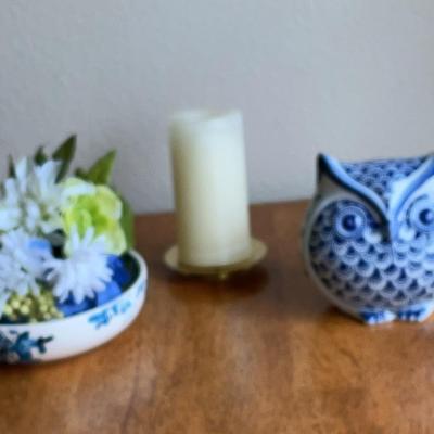 Sagebrook Ceramic Blue Owl Figurine, Blue Spray Bowl And Candle 