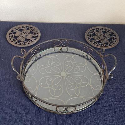 Wrought Iron & Glass Tray with Decorative Cast Iron Trivets 