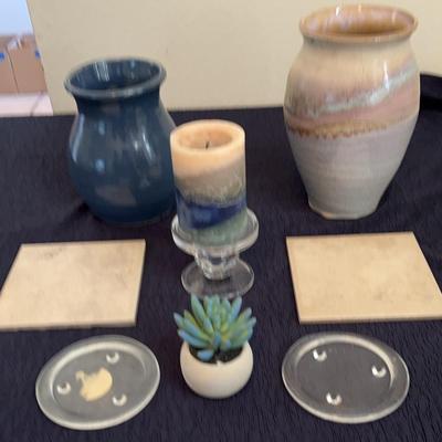 Signed Pottery Cream Vase 9” Tall, Blue Ceramic Base 7” Tall & More