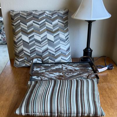 Vintage Cast Iron Lamp, Pillows (2), Serving Tray 18”x 12”