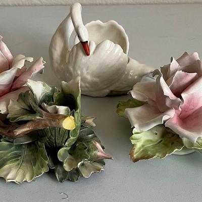 Capodimonte Porcelain Rose Italian Art & Swan 