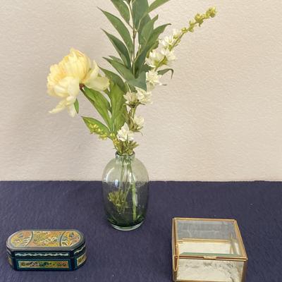 Brass Glass Floral Etched Curio and Folk Art Hand painted Trinket Box
