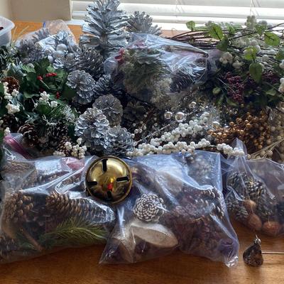 Silver White and Gold Christmas Decorations with Pine Cones