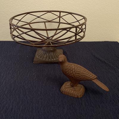 Vintage Cast Iron Bird Doorstop and Cast Iron Fruit Bowl Basket 