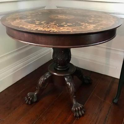 Antique Victorian marquetry table with mother of pearl $650
36 round X 31"