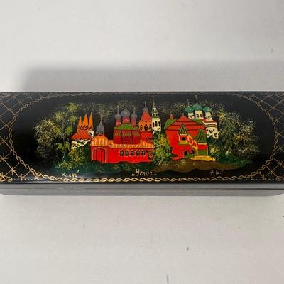Russian Lacquer Box W/Church Domes & Forest Scene, Signed by Artist