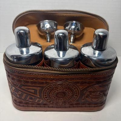 Vintage 5pc Mexico Tooled Leather Travel Bar Set