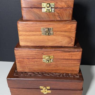 Carved Blossom Wood Nesting Trinket Jewelry Boxes